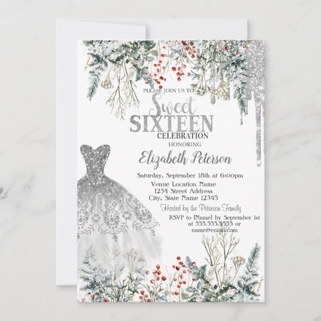Silver Glitter Drips, Klänning Vinter Blommor Swee Inbjudningar (Framsida)