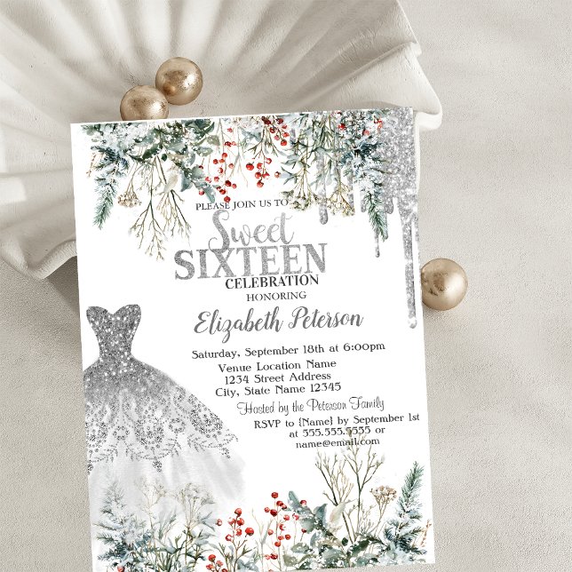 Silver Glitter Drips, Klänning Vinter Blommor Swee Inbjudningar (Skapare uppladdad)