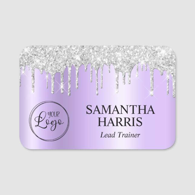 Silver Glitter Drips Ljus Lavendel Shimmer Namnbricka (Framsida)