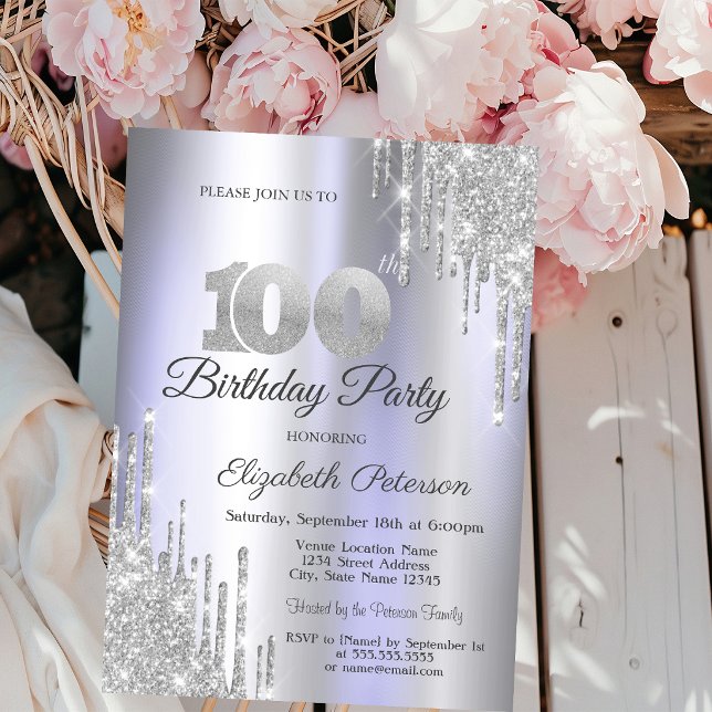 Silver Glitter Drips Ljus Lila 100-årsdag Inbjudningar (Skapare uppladdad)