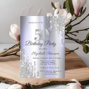 Silver Glitter Drips Ljus Lila 50-års Födelsedag Inbjudningar