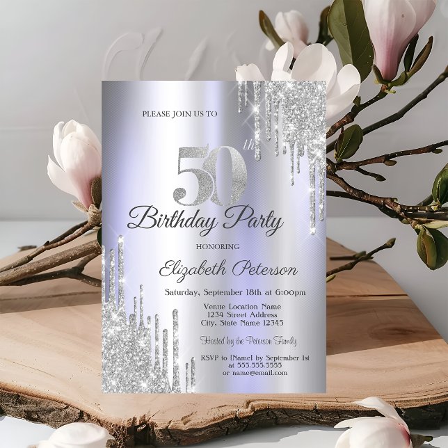 Silver Glitter Drips Ljus Lila 50-års Födelsedag Inbjudningar (Skapare uppladdad)
