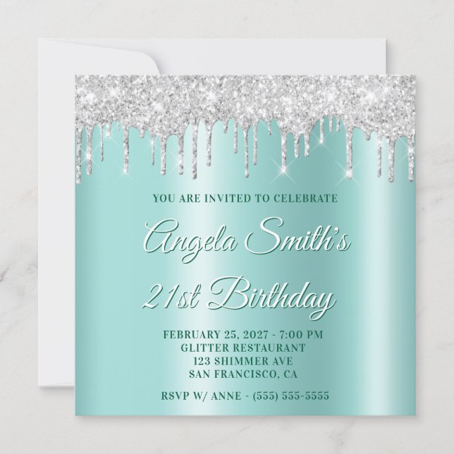 Silver Glitter Drips Ljus Teal Ombre Fallskugga Inbjudningar (Framsida)
