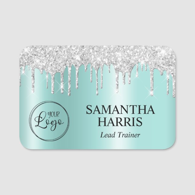 Silver Glitter Drips Ljus Teal Ombre Namnbricka (Framsida)