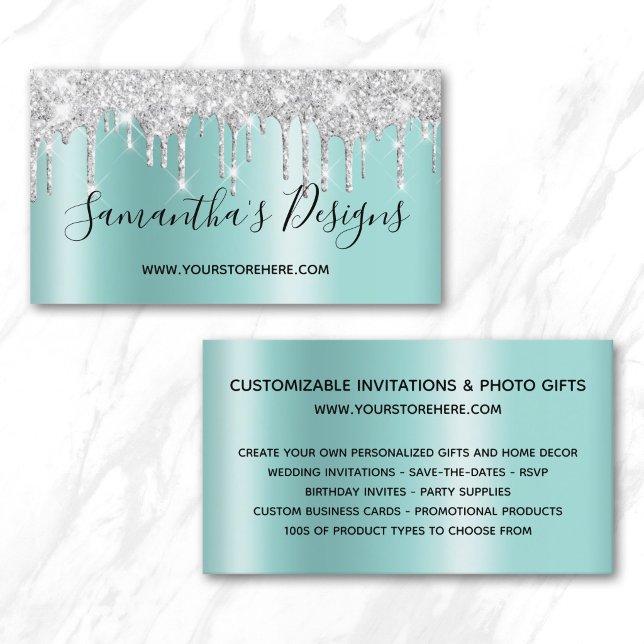 Silver Glitter Drips Ljus Teal Ombre Webbutik Visitkort (Silver Glitter Drips Light Teal Ombre Online Store Business Card)