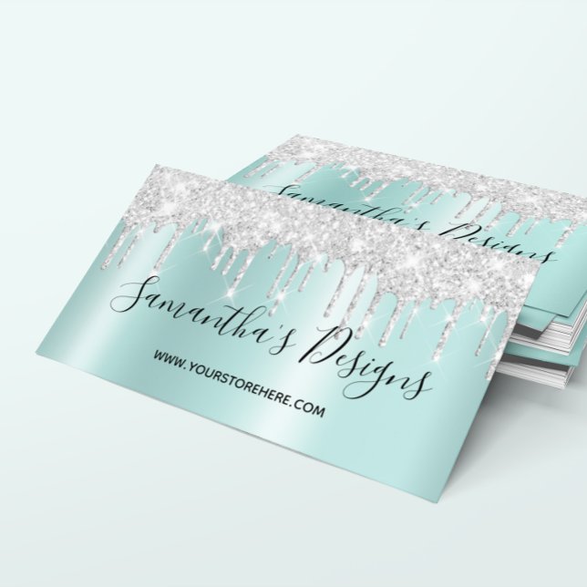 Silver Glitter Drips Ljus Teal Ombre Webbutik Visitkort (Silver Glitter Drips Light Teal Ombre Online Store Business Card)