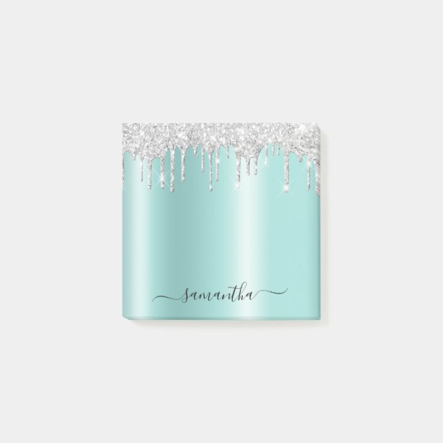 Silver Glitter Drips Ljus Teal Shimmer Post-it Block (Framsida)
