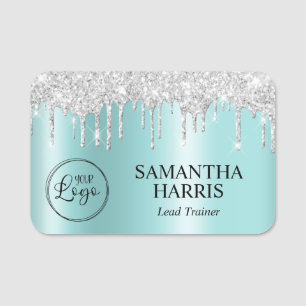 Silver Glitter Drips Ljus Turkos Glans Namnbricka