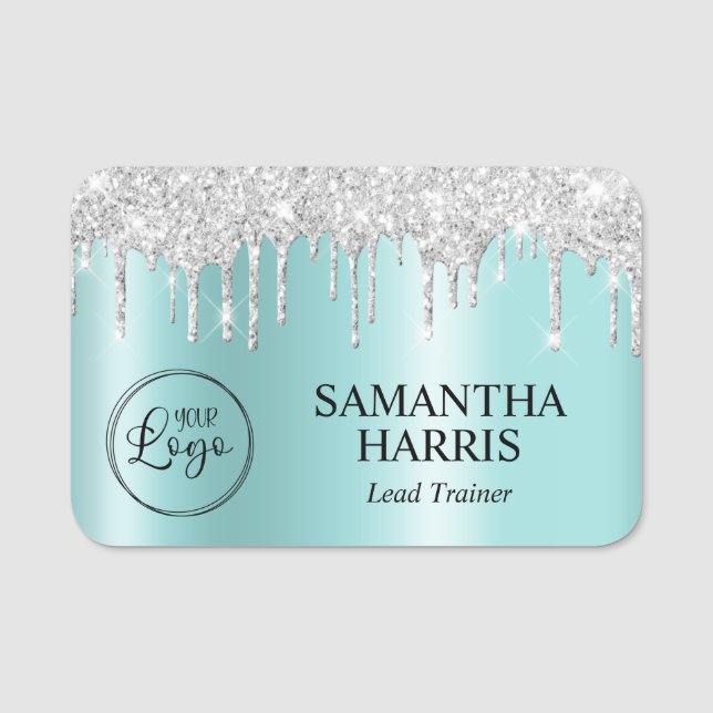 Silver Glitter Drips Ljus Turkos Glans Namnbricka (Framsida)