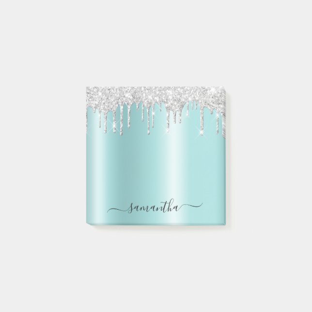 Silver Glitter Drips Ljus Turkos Glans Post-it Block (Framsida)