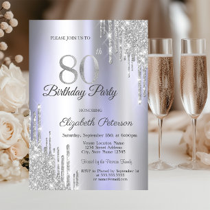 Silver Glitter Drips Ljuslila 80-årsdag Inbjudningar