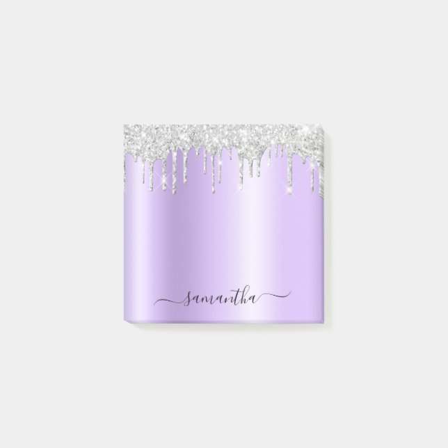 Silver Glitter Drips Ljuslila Shimmer Post-it Block (Framsida)