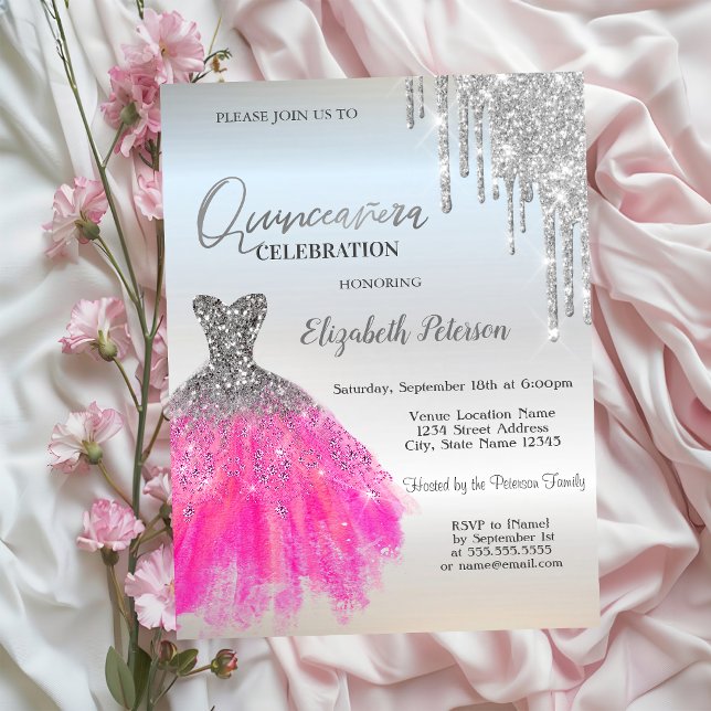 Silver Glitter Drips, Lyxig Quinceanera-klänning Inbjudningar (Skapare uppladdad)