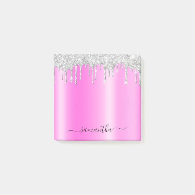 Silver Glitter Drips Magenta Shimmer Post-it Block (Framsida)