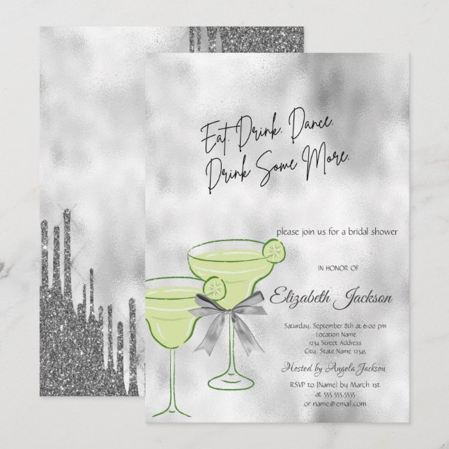 Silver Glitter Drips Martini Bow Bröllopsdusch Inbjudningar (Fram/baksida)
