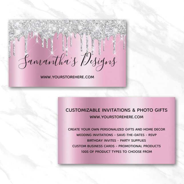 Silver Glitter Drips Mauve Rosa Ombre Webbutik Visitkort (Silver Glitter Drips Mauve Pink Ombre Online Store Business Card)