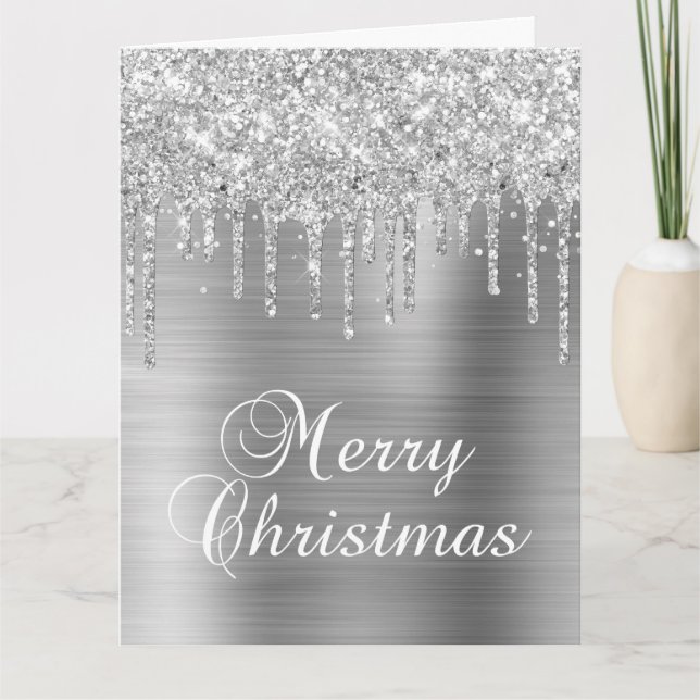 Silver Glitter Drips Metallic Merry Christmas Kort (Framsida)
