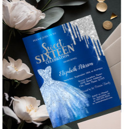 Silver Glitter Drips, Metallisk blå klänning Sweet Inbjudningar