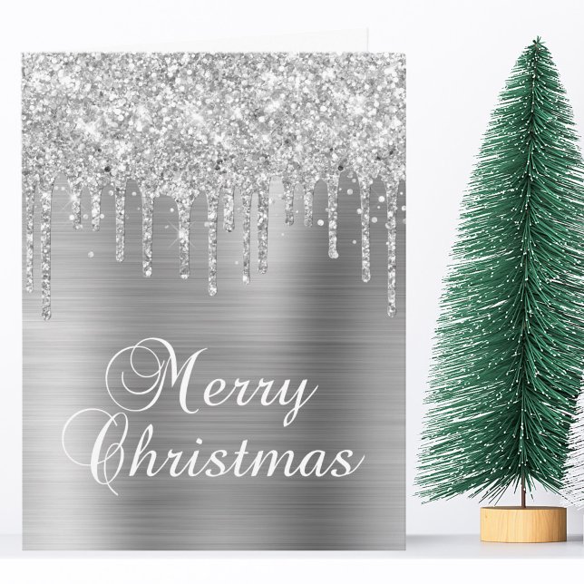 Silver Glitter Drips Metallisk God Jul Kort (Silver Glitter Drips Metallic Merry Christmas Card)