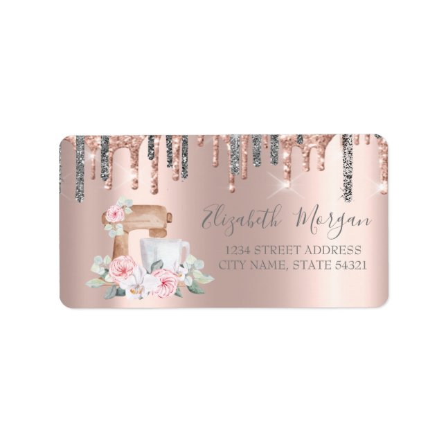 Silver Glitter Drips Mixer Blommor Rose Gold Adressetikett (Framsidan)