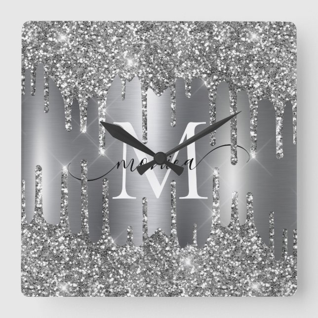 Silver Glitter Drips Monogram Personlig Fyrkantig Klocka (Framsida)
