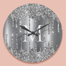 Silver Glitter Drips Monogram Personlig Stor Klocka