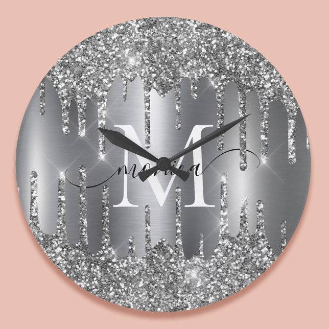 Silver Glitter Drips Monogram Personlig Stor Klocka (Silver Glitter Drips Monogram Personalized Large Clock)