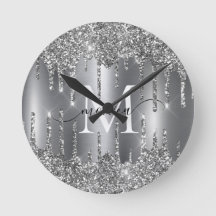 Silver Glitter Drips Monogram Personlig Väggtid