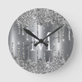 Silver Glitter Drips Monogram Personlig Väggtid Rund Klocka