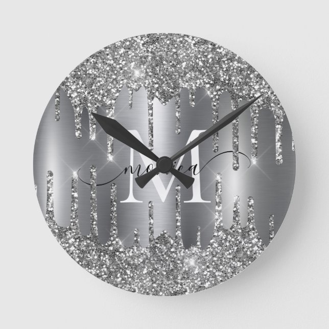 Silver Glitter Drips Monogram Personlig Väggtid Rund Klocka (Framsida)