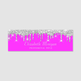 Silver Glitter Drips,Pink Fluorescent Neon Namnbricka