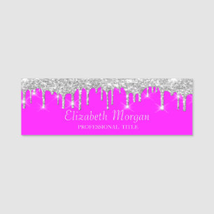Silver Glitter Drips,Pink Fluorescent Neon Namnbricka