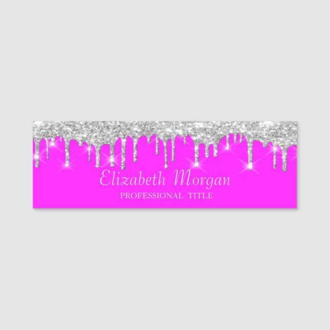 Silver Glitter Drips,Pink Fluorescent Neon  Namnbricka (Framsida)
