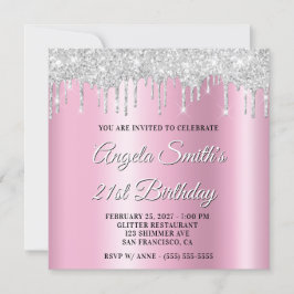 Silver Glitter Drips Pink Shimmer Drop Shadow Inbjudningar