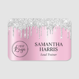 Silver Glitter Drips Pink Shimmer Namnbricka