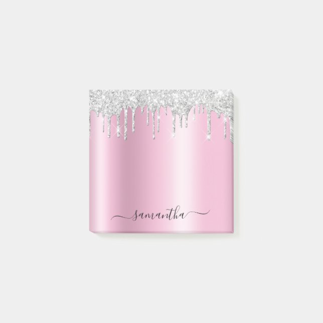 Silver Glitter Drips Pink Shimmer Post-it Block (Framsida)