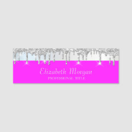 Silver Glitter Drips, Rand, Rosa Fluorescerande Ne Namnbricka