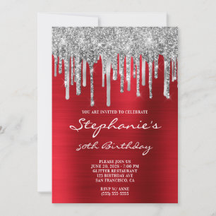 Silver Glitter Drips Red Foil 50:e födelsedagen Inbjudningar