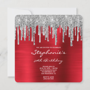 Silver Glitter Drips Red Foil 50:e födelsedagen Inbjudningar