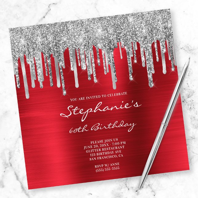 Silver Glitter Drips Red Foil 60:e födelsedagen Inbjudningar (Skapare uppladdad)