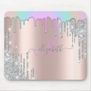 Silver Glitter Drips Regnbåge Rose Guld Monogram Musmatta