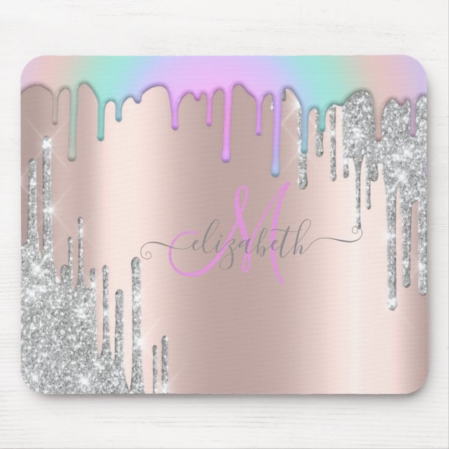 Silver Glitter Drips Regnbåge Rose Guld Monogram Musmatta (Framsidan)