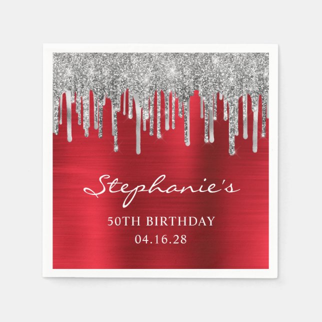 Silver Glitter Drips Röd Folie 50-årsdag Pappersservett (Framsidan)