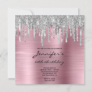 Silver Glitter Drips Rosa Foil 60:e födelsedagen Inbjudningar