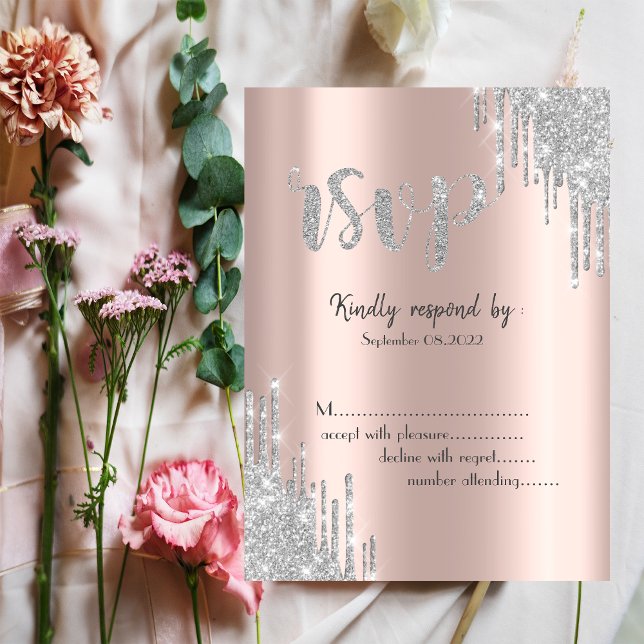 Silver Glitter Drips Rosa Guld Bat Mitzvah RSVP Inbjudningar (Skapare uppladdad)