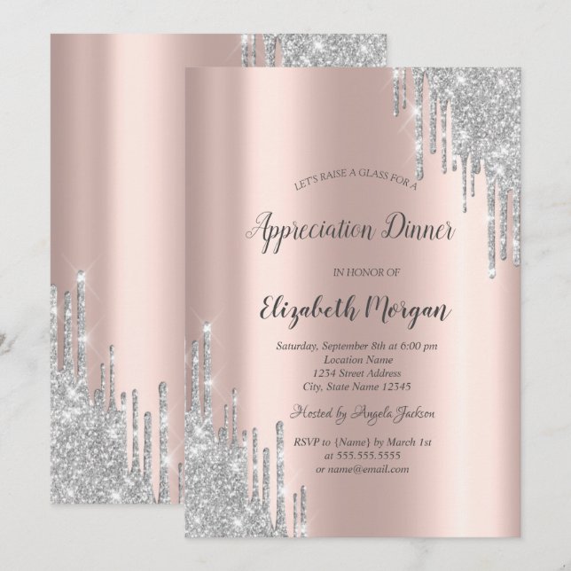 Silver Glitter Drips Rosa Gulduppskattning Inbjudningar (Fram/baksida)