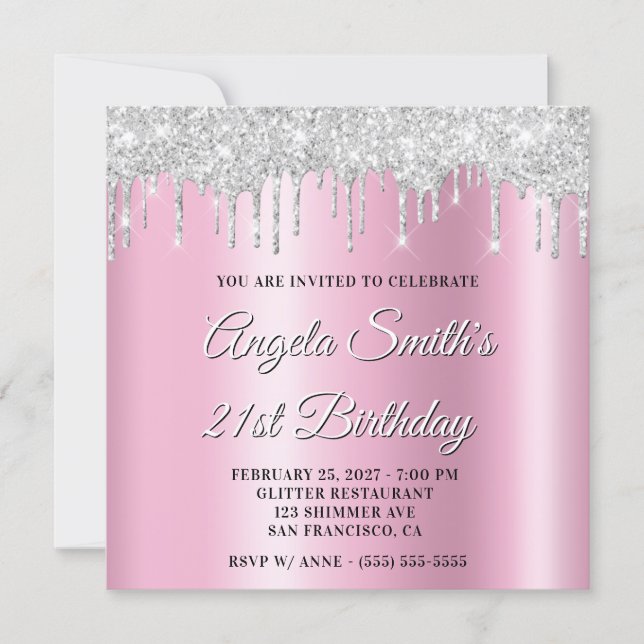 Silver Glitter Drips Rosa Shimmer Droppskugga Inbjudningar (Framsida)