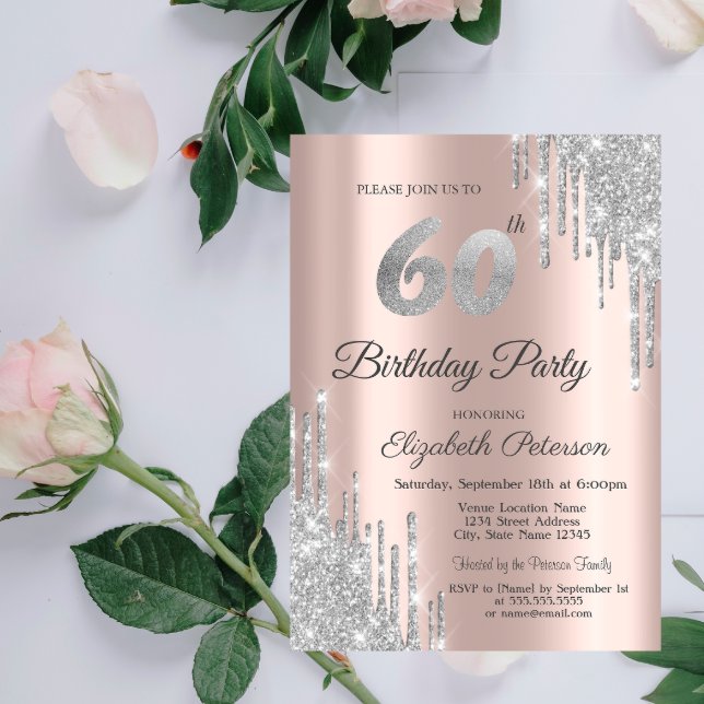 Silver Glitter Drips Rose Gold 60-års födelsedag Inbjudningar (Skapare uppladdad)