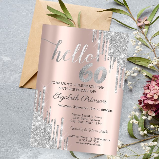 Silver Glitter Drips Rose Gold 60-årsfirande Inbjudningar (Skapare uppladdad)
