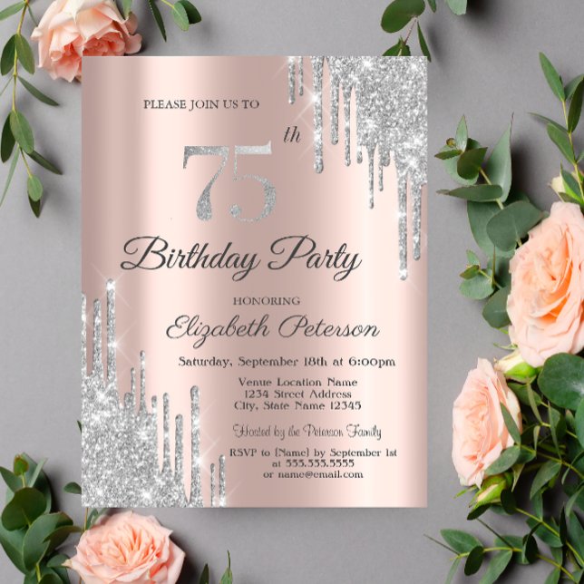Silver Glitter Drips Rose Gold 75-årsdag Invi Inbjudningar (Skapare uppladdad)